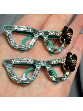 Rhinestone Glasses Brooch Set Green Cat Eye Frames Black Flower Pins 2.5"